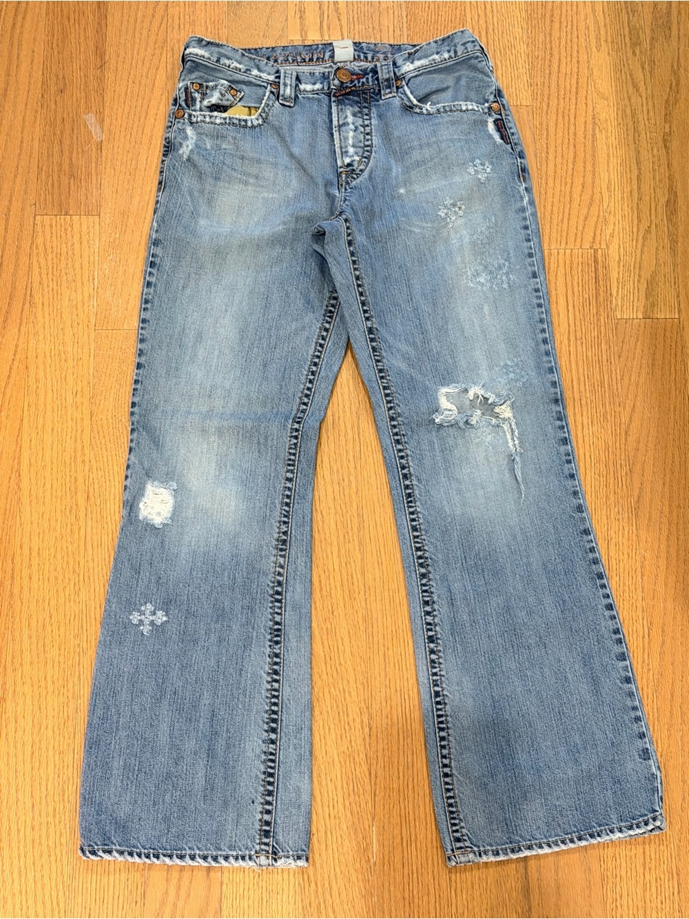 Grayson Distressed blue women's silver jeans button fly straight leg distressed